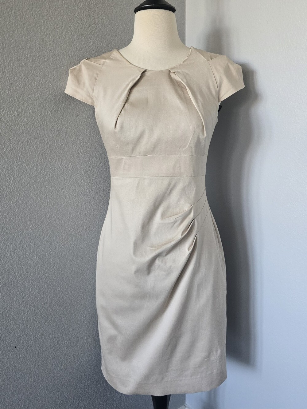NWT Bebe Origami Pleated Sheath Dress XS Champagne Taupe Lined Career Office